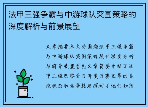法甲三强争霸与中游球队突围策略的深度解析与前景展望