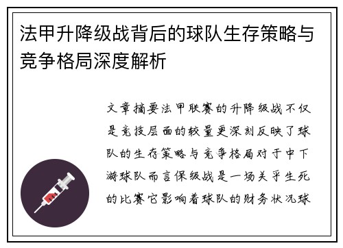法甲升降级战背后的球队生存策略与竞争格局深度解析