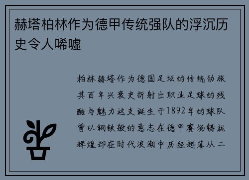 赫塔柏林作为德甲传统强队的浮沉历史令人唏嘘
