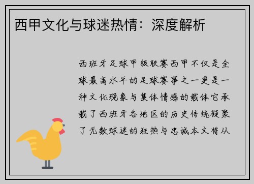 西甲文化与球迷热情：深度解析